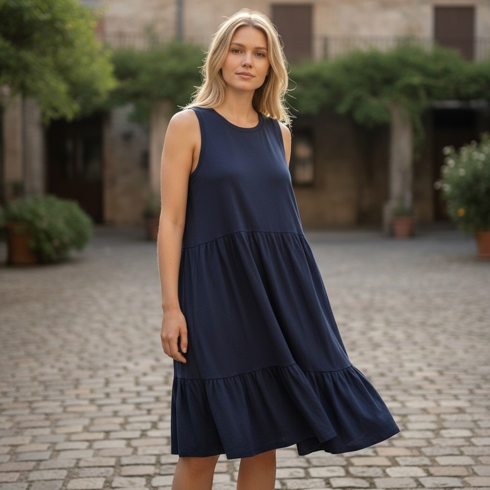 Zim & Zoe Dress Women 22/24 Navy Blue Tiered Ruffle Hem Sleeveless Babydoll Boho